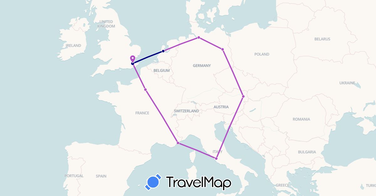 TravelMap itinerary: driving, train in Austria, Germany, France, United Kingdom, Italy, Netherlands (Europe)